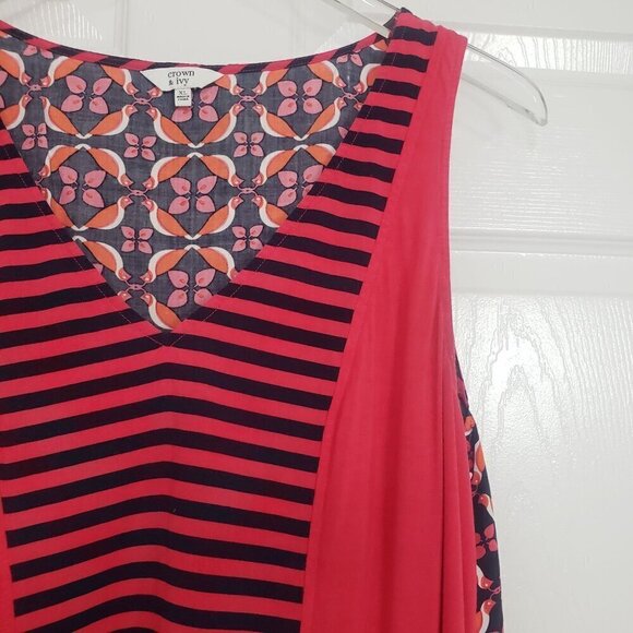 Crown & Ivy Stripe Bird Top Lightweight Sleeveless Blouse Womens Size XL - Picture 2 of 9